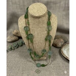 Green Sea Glass Bead Necklace Long Artisan Handmade Boho Strand 48" Endless